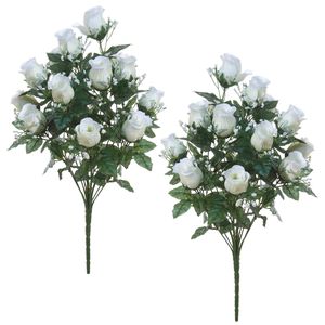 Louis Maes Kunstbloemen boeket rozen/gipskruid - 2x - wit - H56 cm - Bloemstuk - Bladgroen - Kunstbloemen