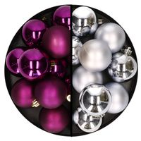 Kerstballen 24x stuks - mix zilver en paars - 6 cm - kunststof - Kerstbal - thumbnail