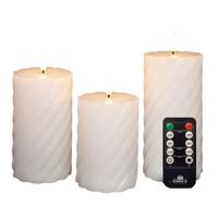 Luxe LED kaarsen/stompkaarsen set - 3x st - wit - swirl - met afstandsbediening