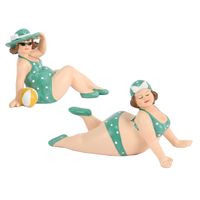 Woonkamer decoratie beeldjes set van 2 dikke dames - groen badpak - 17 cm - Beeldjes - thumbnail