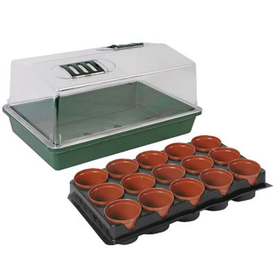 Kweekbak/kweekkast met deksel met 30x kunststof kweekpotjes 38 x 24 x 18 cm