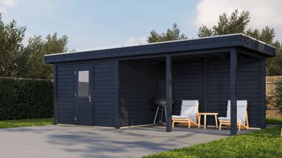 Lugarde Select Modern tuinhuis met overkapping Apeldoorn 300x250cm + 400cm - Zwarte olie- Plat dak- - Lugarde Select