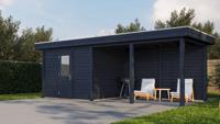 Lugarde Select Modern tuinhuis met overkapping Apeldoorn 300x250cm + 400cm - Zwarte olie- Plat dak- - Lugarde Select
