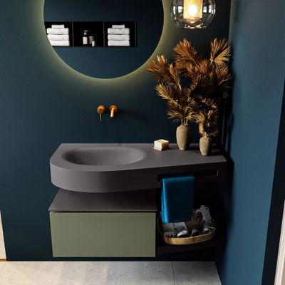 MONDIAZ RIVA 100cm badmeubel onderkast / planchet kleur Army met 1 lade. Wastafel DULCET links 0 kraangaten kleur Dark_Grey.