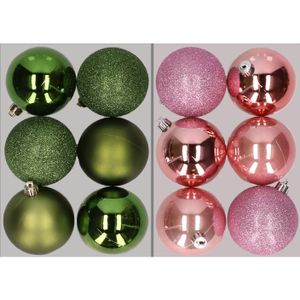 12x stuks kunststof kerstballen mix van appelgroen en roze 8 cm   -