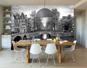 Vlies fotobehang Amsterdamse grachten zwart wit