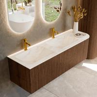 Badmeubel Mondiaz Kurve-Dlux | 145 cm | Meubelkleur Walnut | Wastafelkleur Ostra | Solid surface | Dubbele spoelbak | 2 kraangaten