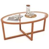 Salontafel van Gehard Glas Moderne Ovale Salontafel met Kruisvoet en Poten van Acaciahout Minimalistische Bijzettafel voor Kleine Ruimtes