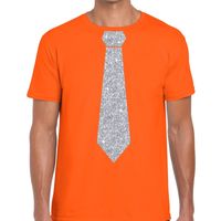 Oranje fun t-shirt met stropdas in glitter zilver heren Oranje fun t-shirt met stropdas in glitter zilver heren