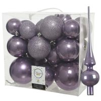 Set van 26x stuks kunststof kerstballen incl. glazen piek glans lila paars   -