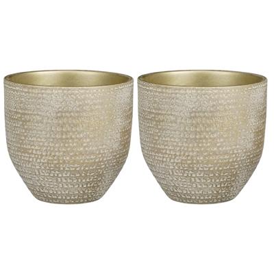 Mica decorations plantenpot/bloempot - 2x - terracotta - champagne/wit flakes relief- d20/h18 cm