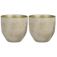 Mica decorations plantenpot/bloempot - 2x - terracotta - champagne/wit flakes relief- d20/h18 cm
