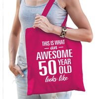 Awesome 50 year / 50 jaar cadeau tas roze voor dames - Feest Boodschappentassen - thumbnail