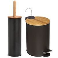 Badkamer/toilet set - WC-borstel en pedaalemmer - metaal/ bamboe hout - zwart