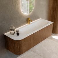 Mondiaz KURVE-DLUX 135 cm Onderkast Greeploos 1 Lade Met Deuren Walnut, Wastafel Solid Surface Rechts Opalo 1 Kraangat Zonder Spiegel (KRVBGM135L1L1D1KR-Wal/Opa)