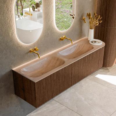 Badmeubel Mondiaz Kurve-Dlux | 165 cm | Meubelkleur Walnut | Wastafelkleur Saba | Solid surface | Dubbel / Links spoelbak | Zonder kraangat(en)