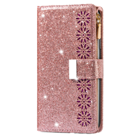 iPhone 16 hoesje - Bookcase - Koord - Pasjeshouder - Portemonnee - Glitter - Bloemenpatroon - Kunstleer - Rose Goud