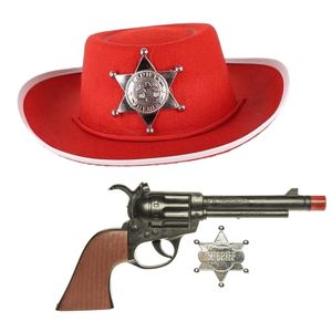 Cowboys speelgoed/verkleed hoed rood met revolver set kinderen 3-delig