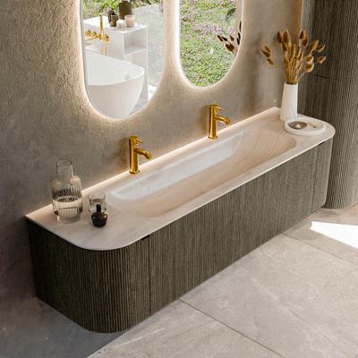 Badmeubel Mondiaz Kurve-Dlux | 170 cm | Meubelkleur Shadow | Wastafelkleur Meli | Solid surface | Wasbak midden spoelbak | 2 kraangaten
