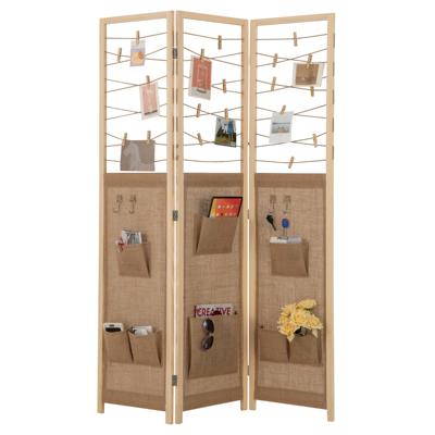 3-delige Roomdivider 120 × 170 cm Paravent Scheidingswand Hout met 8 Opbergzakken & 4 Haken & 20 houten Klemmen