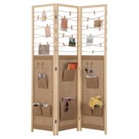 3-delige Roomdivider 120 × 170 cm Paravent Scheidingswand Hout met 8 Opbergzakken & 4 Haken & 20 houten Klemmen