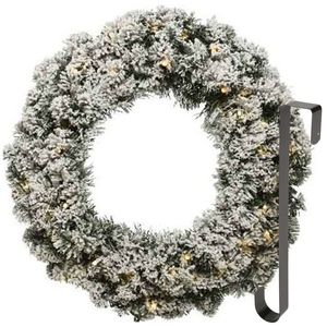 Kerstkrans 60 cm - groen met led - besneeuwd - met hanger/ophanghaak