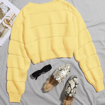 Bon&Bon Hot Pink Ribbed Knit Crop Sweater - Casual Drop Shoulder Pullover Yellow / L