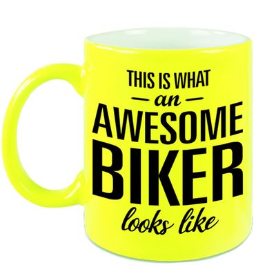 Awesome biker cadeau mok / beker neon geel 330 ml Awesome biker cadeau mok / beker neon geel 330 ml