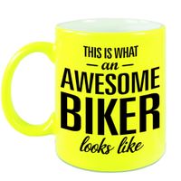 Awesome biker cadeau mok / beker neon geel 330 ml - thumbnail