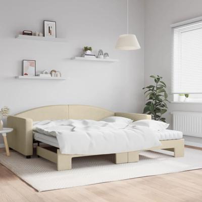 Slaapbank met onderschuifbed en matrassen 100x200 cm stof crème