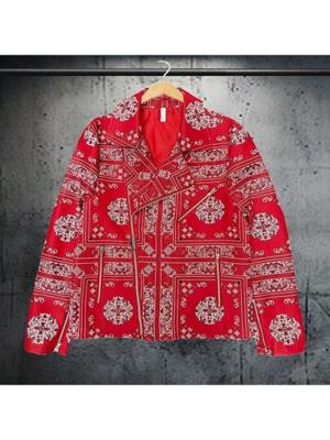 Bon&Bon Men's Paisley Print PU Leather Moto Jacket - Black Winter Coat Red / XXXL