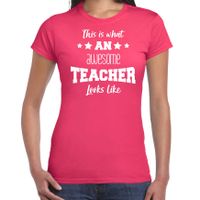 Cadeau t-shirt voor dames - awesome teacher - roze - docent/lerares schooljaar bedankje 2XL  -