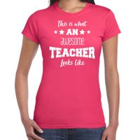 Cadeau t-shirt voor dames - awesome teacher - roze - docent/lerares schooljaar bedankje - thumbnail