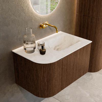 Badmeubel Mondiaz Kurve-Dlux | 75 cm | Meubelkleur Walnut | Wastafelkleur Frappe | Solid surface | Rechts spoelbak | Zonder kraangat(en)