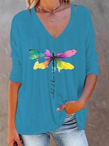 Dragonfly Long Sleeve V Neck Casual T-Shirt