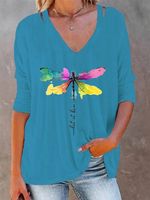 Dragonfly Long Sleeve V Neck Casual T-Shirt - thumbnail