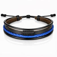 Heren armband Leer Zwart Blauw Verstelbaar Touw Multi armband