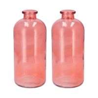 Bloemenvaas fles model - 2x - helder gekleurd glas - koraal roze - D11 x H25 cm