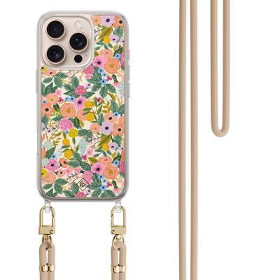 iPhone 16 Pro Max hoesje met beige koord - Pink garden