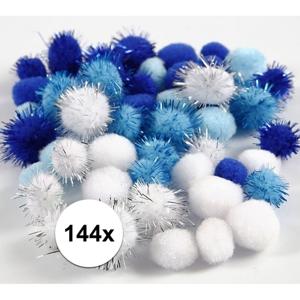 Knutsel pompons - 144x - wit/blauw - 15-20 mm - hobby bolletjes - ponpons