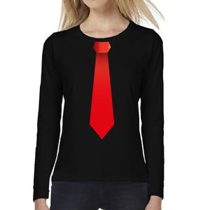 Zwart long sleeve t-shirt zwart met rode stropdas bedrukking dames 2XL  -