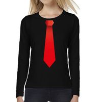 Zwart long sleeve t-shirt zwart met rode stropdas bedrukking dames 2XL  - - thumbnail