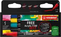 STABILO free acrylmarker T100 Royal, ronde punt, 1-2 mm, geassorteerde kleuren, pak van 5 stuks