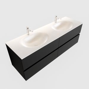 Badkamermeubel Solid Surface BWS Stockholm 150x45 cm Mat Zwart Urban Dubbel (2 kraangaten, 4 lades)