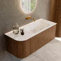 Mondiaz KURVE-DLUX 115 cm Onderkast Greeploos 1 Lade Met Deuren Walnut, Wastafel Solid Surface Rechts Frappe 0 Kraangaten Zonder Spiegel (KRVBGS115L1L1D0KR-Wal/Fra)