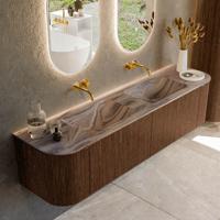 Badmeubel Mondiaz Kurve-Dlux | 180 cm | Meubelkleur Walnut | Wastafelkleur Sombra | Solid surface | Wasbak beide zijden spoelbak | Zonder kraangat(en)
