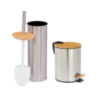 Pedaalemmer en Toiletborstel Steel - softclose - 3 liter - zilver/beige - 17x23 cm Pedaalemmer en Toiletborstel Steel - softclose - 3 liter - zilver/beige - 17x23 cm