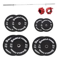 Muscle Power high black bumper halterschijf set 120KG + halterstang + collar set Muscle Power high black bumper halterschijf set 120KG + halterstang + collar set