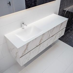 Mondiaz Vica Cloud badmeubel wit carrara mat 150 cm 4 lades solid surface enkele spoelbak links 1 kraangat