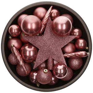 Set van 33x stuks kunststof kerstballen met ster piek oudroze (velvet pink) mix